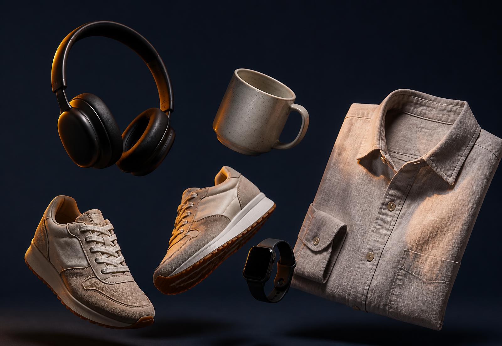 A curated flat-lay of lifestyle, tech and home products sold at Standard Issue